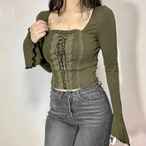 Voguable  Vintage Lace Patchwork Bandage Cropped Top Green Brown Fairycore Grunge Square Collar T-shirts Y2K Tops Elegant Tops